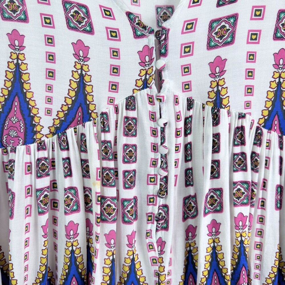 umgee paisley boho babydoll mini dress bell sleeves button front colorful size m - Picture 9 of 9